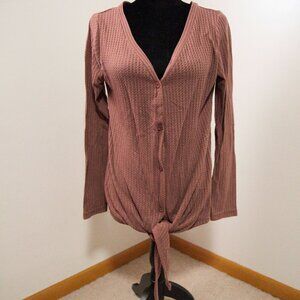 Waffle Knit Tie Front Long Sleeves